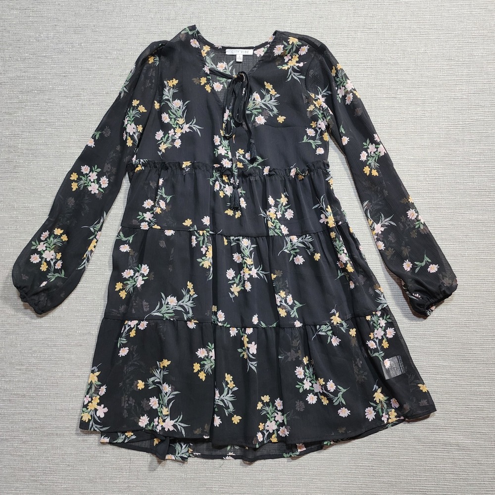 City Vibe Floral Tiered Babydoll Mini Dress Black Long Sleeve Tassel Tie Small